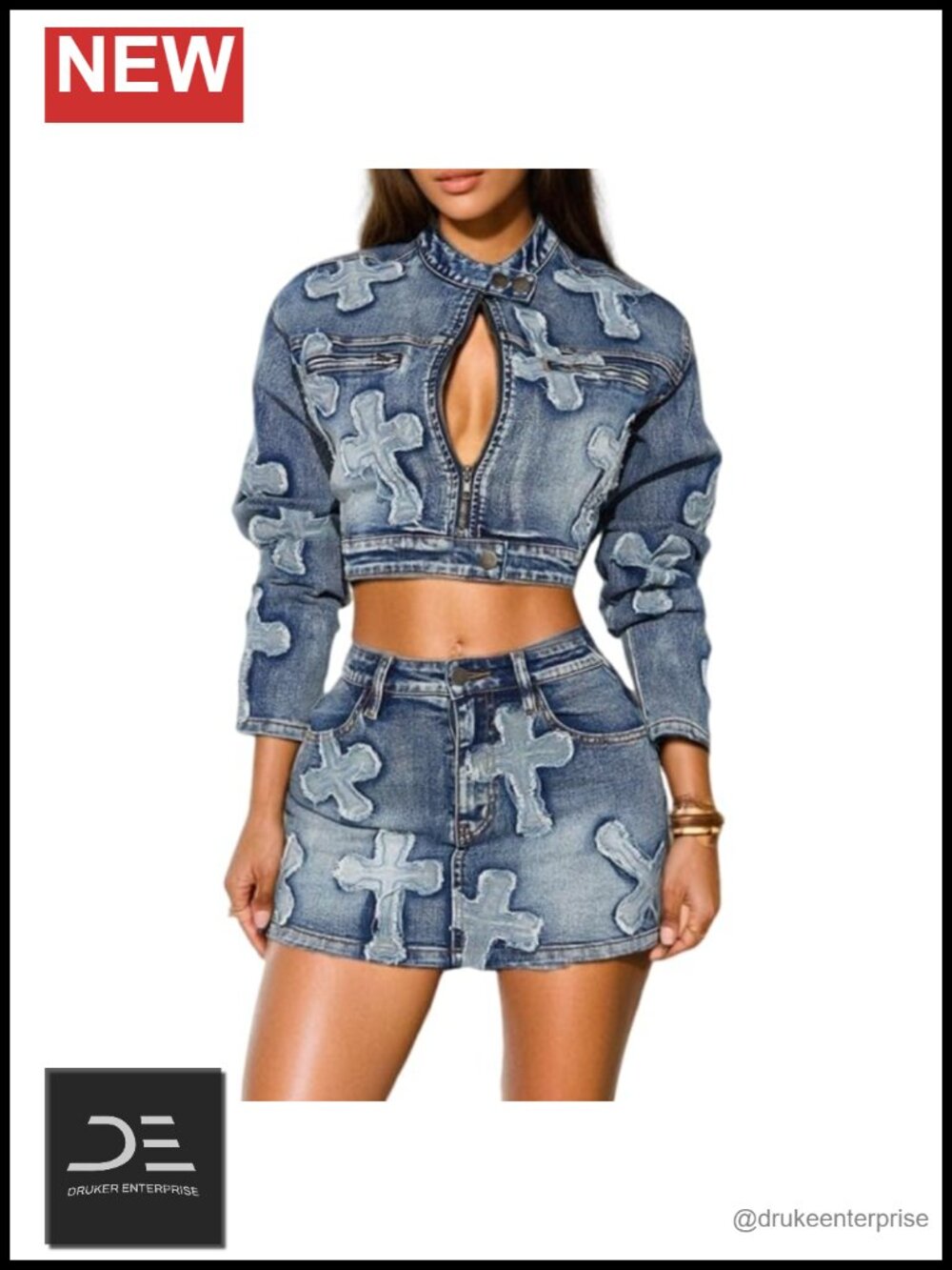 Women's 2 Piece Denim Skirt Set Long Sleeve Zipper Jacket Bodycon Mini Skirt